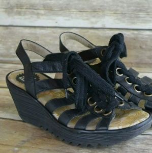 Fly London black lace up leather wedge sandals